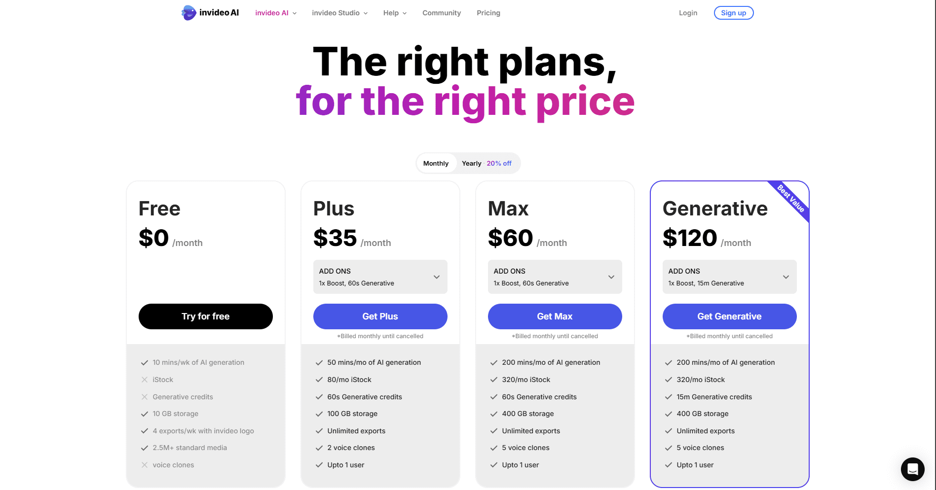 InVideo AI Pricing Plans